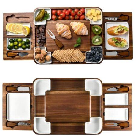 Shanik Upgraded Acacia Cheese Board Set Square 春の新作シューズ満載 Shaped Charcuterie and Sided Platter Double Handcrafted 25％OFF Stain Slate Design with