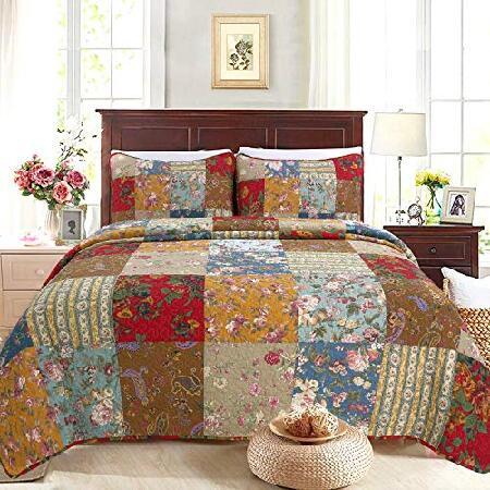 信頼 Plaid Real Print Floral Ryleigh Fashions Home Line Cozy Patchwork, Red / (Khaki Set Bedding Quilt Bedspread Coverlet, Reversible Cotton 100% カバー、シーツセット