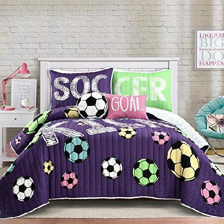 Lush Decor ラッシュデコール Girls Soccer Kick 5 Piece Quilt Set, Full/Queen, Purple