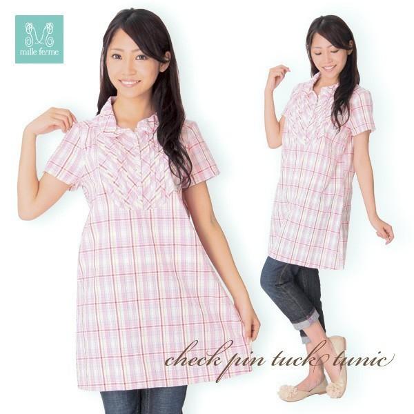 ミルフェルム サッカーチェックピンタックチュニック 授乳服 マタニティ 安い 可愛い M L 春夏 初期中期 Masvelocidad