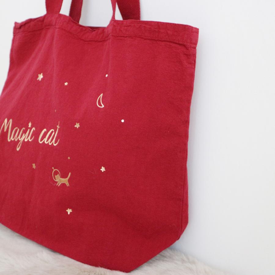 Des petits hauts NOLA マジック キャット トートバッグ 赤 magic cat 猫 ワイド 宇宙 星 コットン マチあり  お散歩 ショッピング FRANCE Paris |  | 03