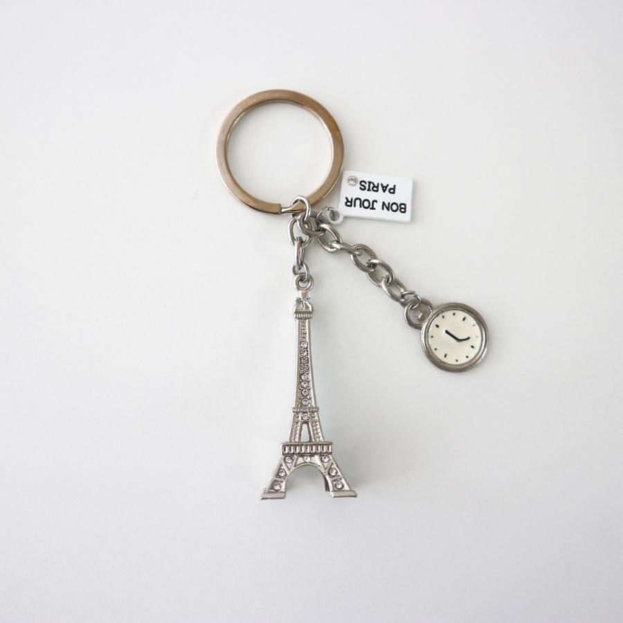 paris おみやげ エッフェル塔 時計モチーフ 懐中時計 BON JOURキーホルダー キーリング ラインストーン クリア パリ フランス la tour eiffel　 | 