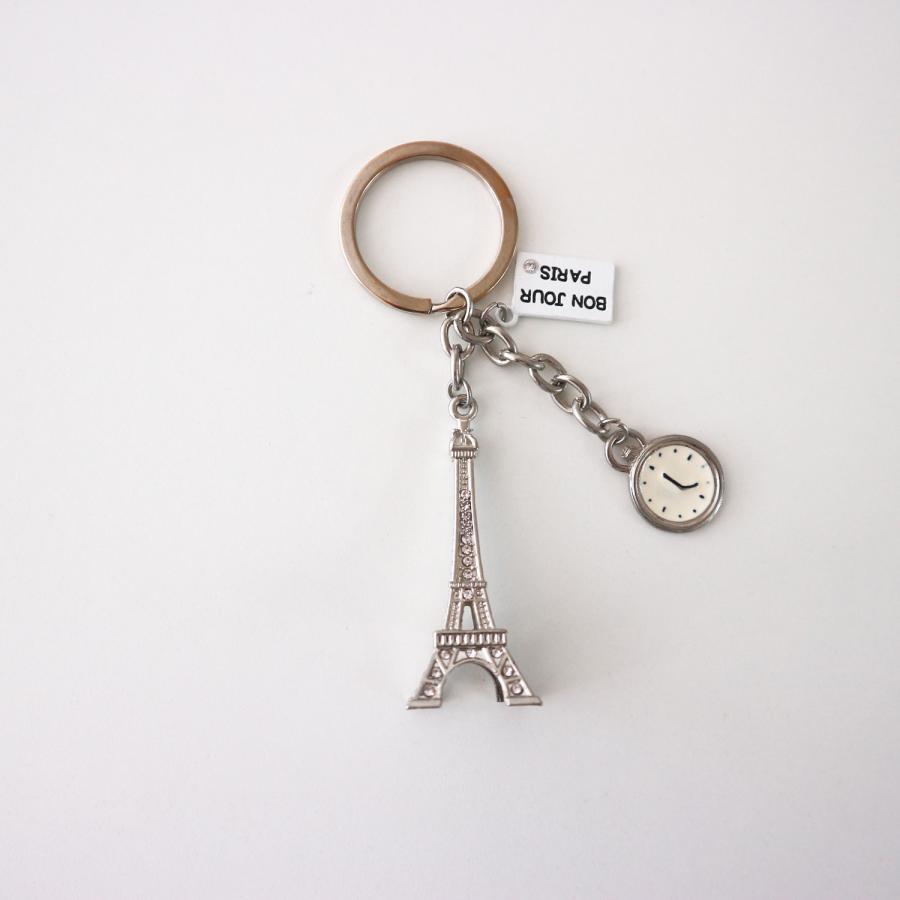 paris おみやげ エッフェル塔 時計モチーフ 懐中時計 BON JOURキーホルダー キーリング ラインストーン クリア パリ フランス la tour eiffel　 |  | 01