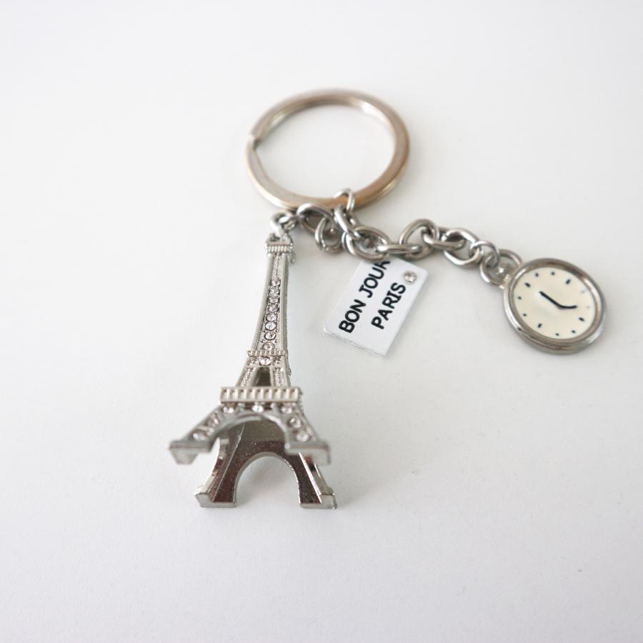 paris おみやげ エッフェル塔 時計モチーフ 懐中時計 BON JOURキーホルダー キーリング ラインストーン クリア パリ フランス la tour eiffel　 |  | 02