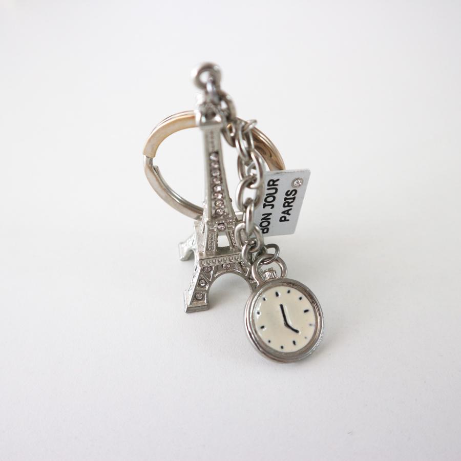 paris おみやげ エッフェル塔 時計モチーフ 懐中時計 BON JOURキーホルダー キーリング ラインストーン クリア パリ フランス la tour eiffel　 |  | 03