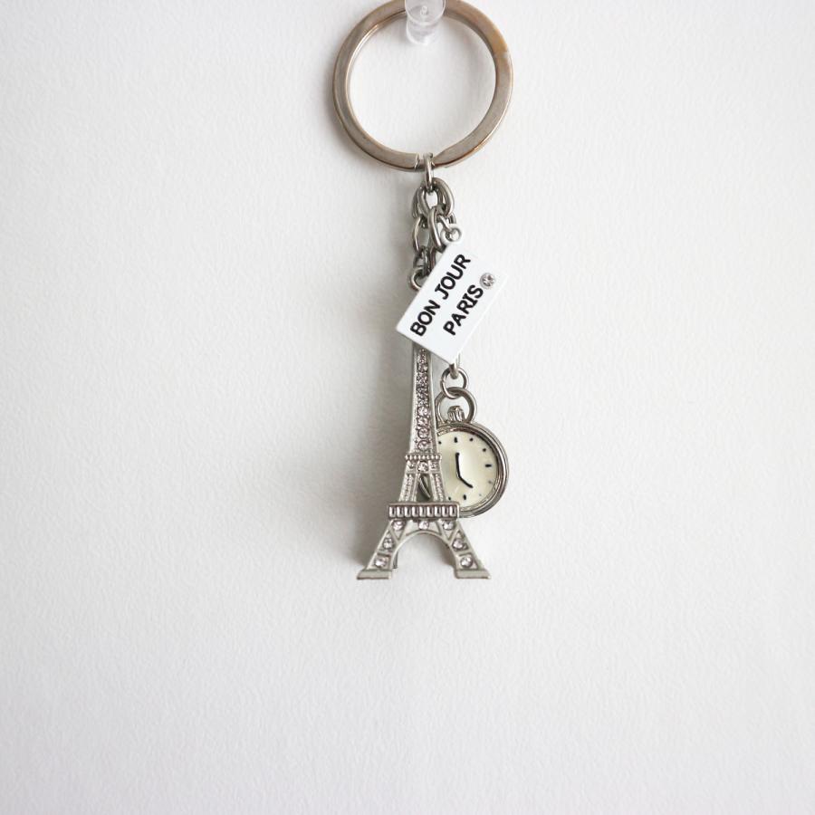 paris おみやげ エッフェル塔 時計モチーフ 懐中時計 BON JOURキーホルダー キーリング ラインストーン クリア パリ フランス la tour eiffel　 |  | 04
