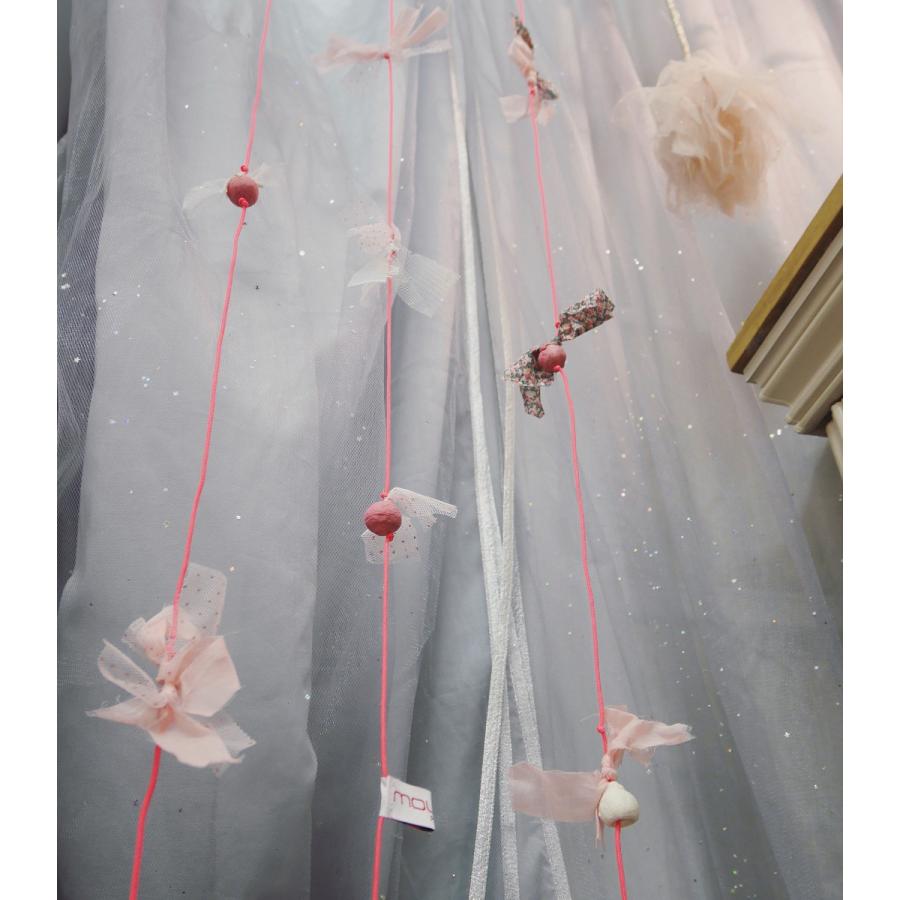 フランスアンティークドット刺繍モスリン地フリルカーテン・ピンクリボン フランスアンティークドット刺繍モスリン地フリルカーテン