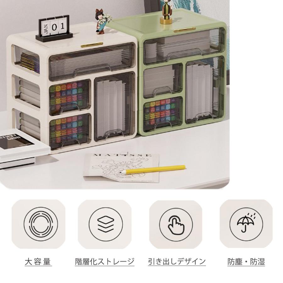 卓上収納 卓上チェスト 引き出し収納 小物入れ A4サイズ収納可能 デスクトップ収納 幅33.5cm×高さ32.5cm×奥行き23.5cm (アイボリー / グリーン） |  | 08