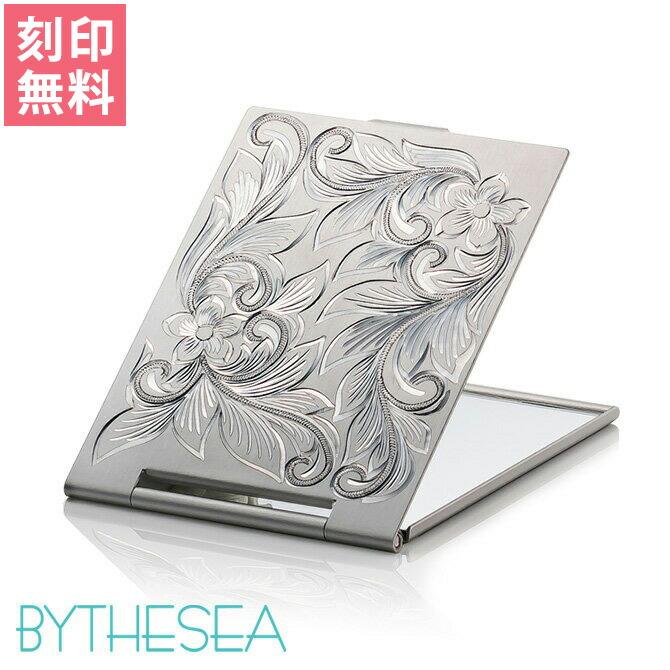 手鏡 コンパクトミラー アウトレット 送料無料 刻印無料 アルミニウム ハワイアン手彫り プルメリア 折りたたみ式 スクロール 化粧鏡