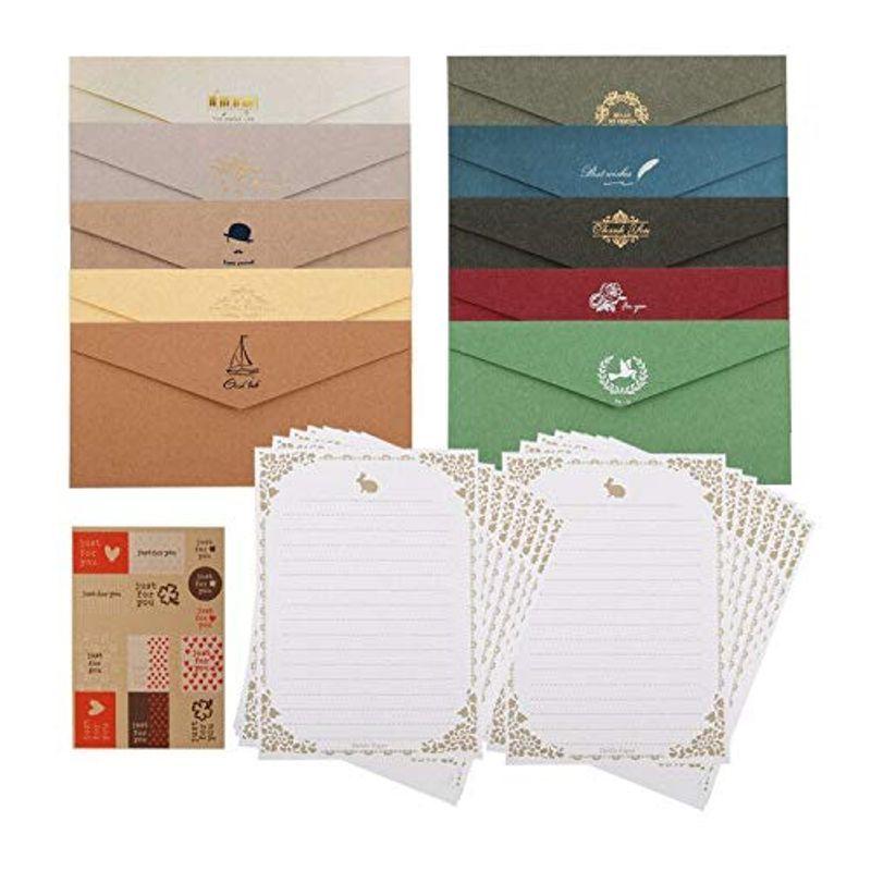 Sitengle レターセット 封筒 10色 便箋 手紙 クラフト用紙 アンティーク調 結婚式 おしゃれ 箔押し シンプル お祝い手 招待状 は自分にプチご褒美を