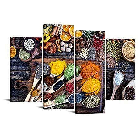 海外受注発注品 特別価格iknow Foto オリジナルデザイン キッチン絵 壁飾り 4パネルキャンバスプリント スパイスとスプーン ヴィンテージペインティング ジークレーア好評販売中 銀座ので買う Math Hi Is