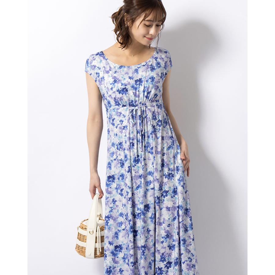 ワンピース ルアナ Iライン アジュールフローラ  opm5-090013 きれいめ 30代 40代 50代 着やせ 上品 大きいサイズ トールサイズありロング丈 一分袖 半袖 春夏秋の画像