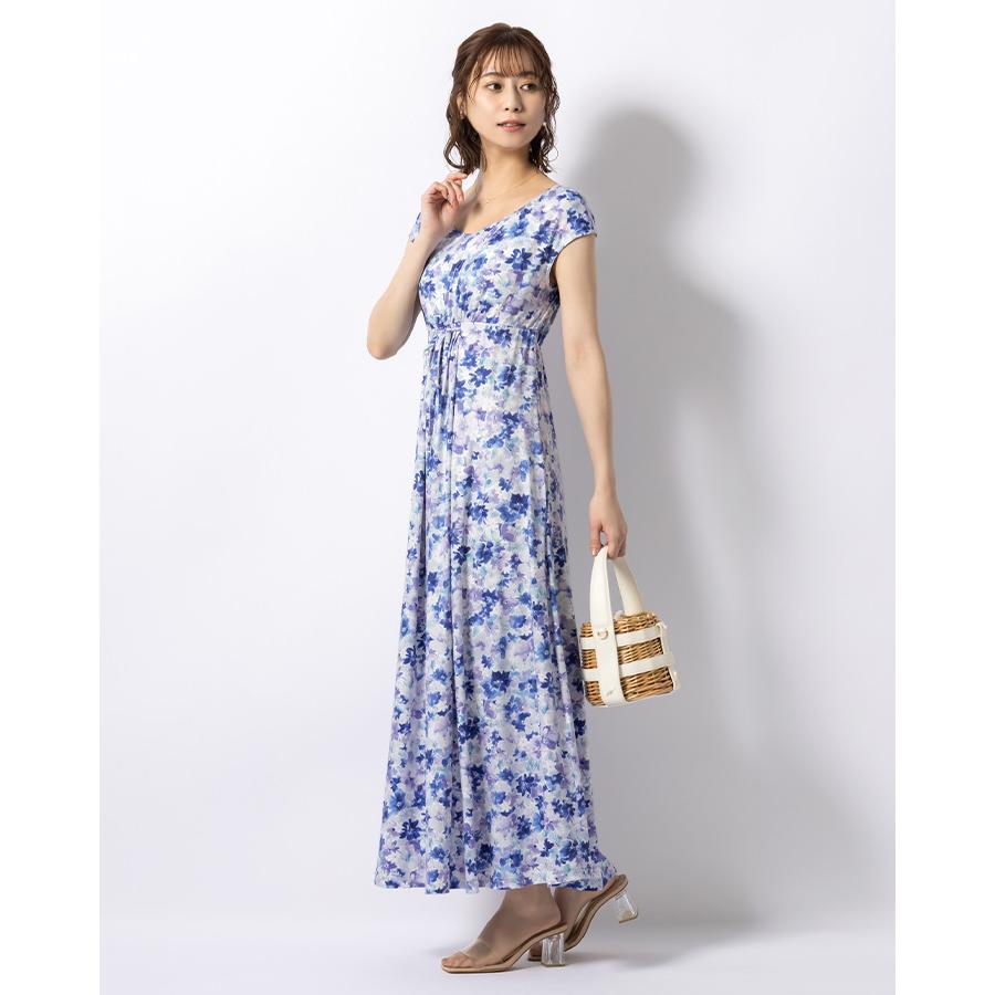 ワンピース ルアナ Iライン アジュールフローラ  opm5-090013 きれいめ 30代 40代 50代 着やせ 上品 大きいサイズ トールサイズありロング丈 一分袖 半袖 春夏秋の画像