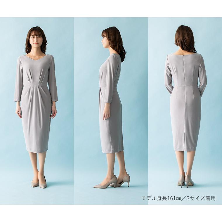 ワンピース  レディース ケリー Xライン Vネック 無地 ミモレ丈 oprv1a-050006 グレース きれいめ 40代 50代 上品 七分袖 春秋冬 白の画像