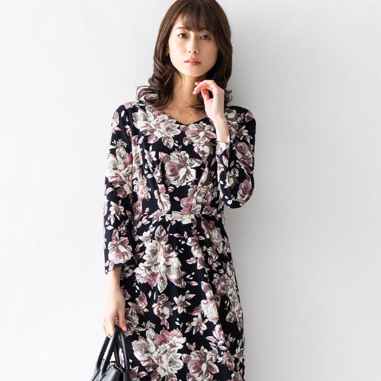 ワンピース レディース ケリー Xライン スフレシリーズ クリスマスローズ ネイビー oprv1c-050006 ジャージー 七分袖 大人 花柄 薔薇柄 バラ柄 上品 | mimigrant | 02