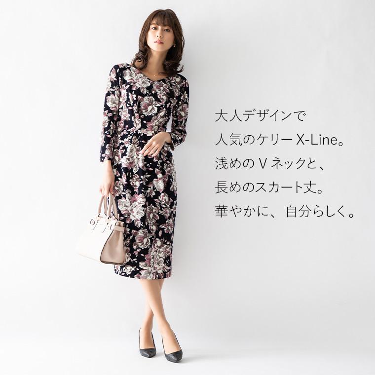 ワンピース レディース ケリー Xライン スフレシリーズ クリスマスローズ ネイビー oprv1c-050006 ジャージー 七分袖 大人 花柄 薔薇柄 バラ柄 上品 | mimigrant | 03