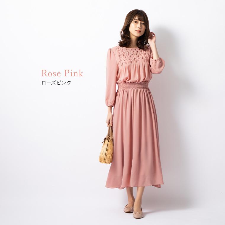 良品✨ ドロップドウエスト ピンタックドレスワンピース40 ピンクベージュ系 良品✨ ドロップドウエスト ピンタックドレスワンピース40 ピンク