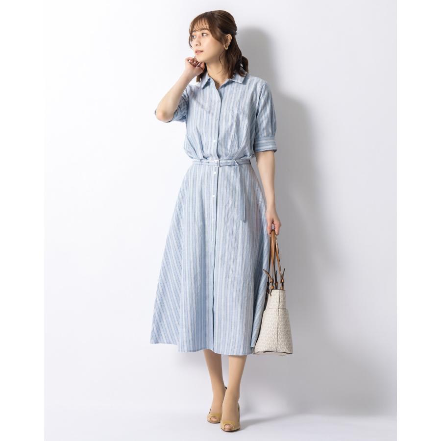 ワンピース ケイト フレア ストライプ ブルー opsw9d-070001 きれいめ 30代 40代 50代 着やせ 上品 大きいサイズ トールサイズあり ロング丈 半袖 五分袖 春夏の画像
