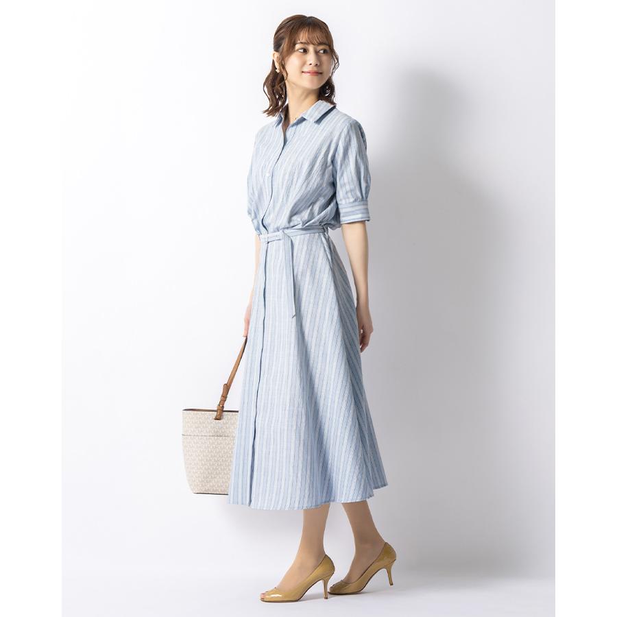 ワンピース ケイト フレア ストライプ ブルー opsw9d-070001 きれいめ 30代 40代 50代 着やせ 上品 大きいサイズ トールサイズあり ロング丈 半袖 五分袖 春夏の画像