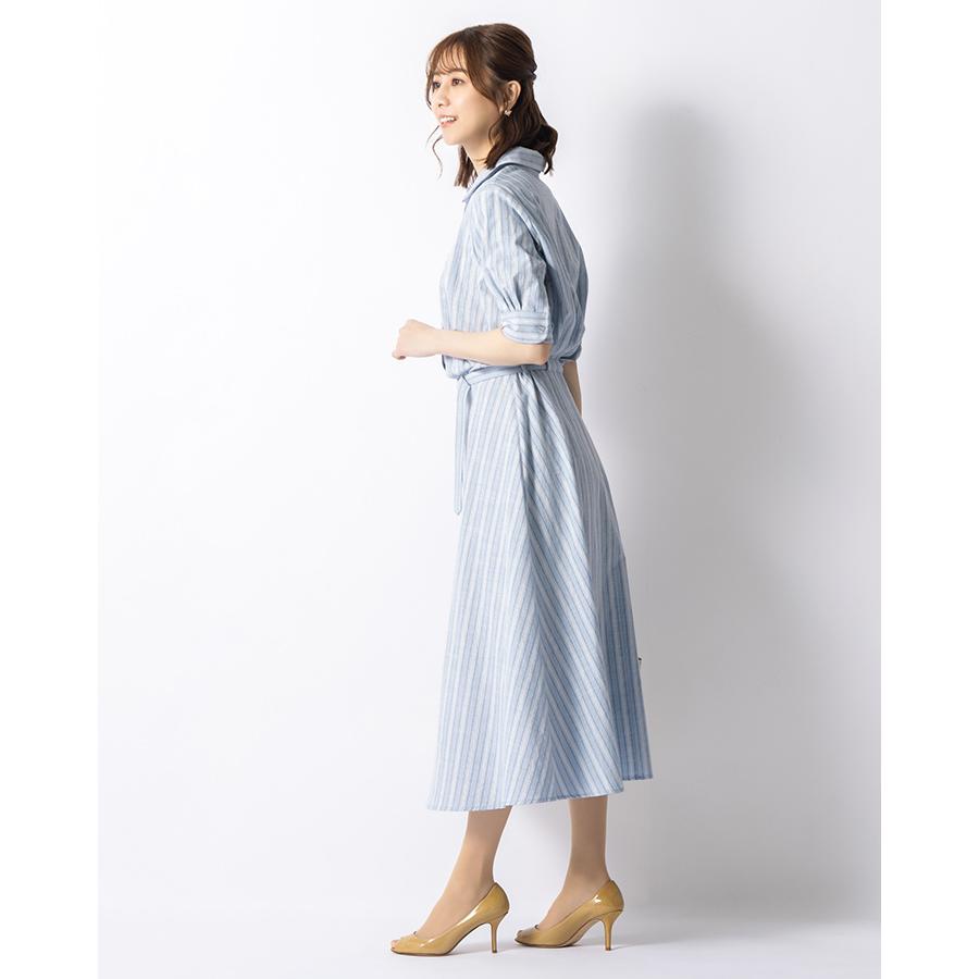 ワンピース ケイト フレア ストライプ ブルー opsw9d-070001 きれいめ 30代 40代 50代 着やせ 上品 大きいサイズ トールサイズあり ロング丈 半袖 五分袖 春夏の画像