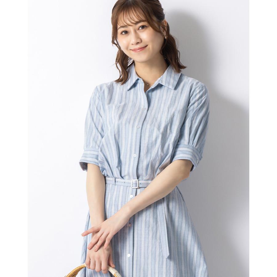 ワンピース ケイト フレア ストライプ ブルー opsw9d-070001 きれいめ 30代 40代 50代 着やせ 上品 大きいサイズ トールサイズあり ロング丈 半袖 五分袖 春夏の画像