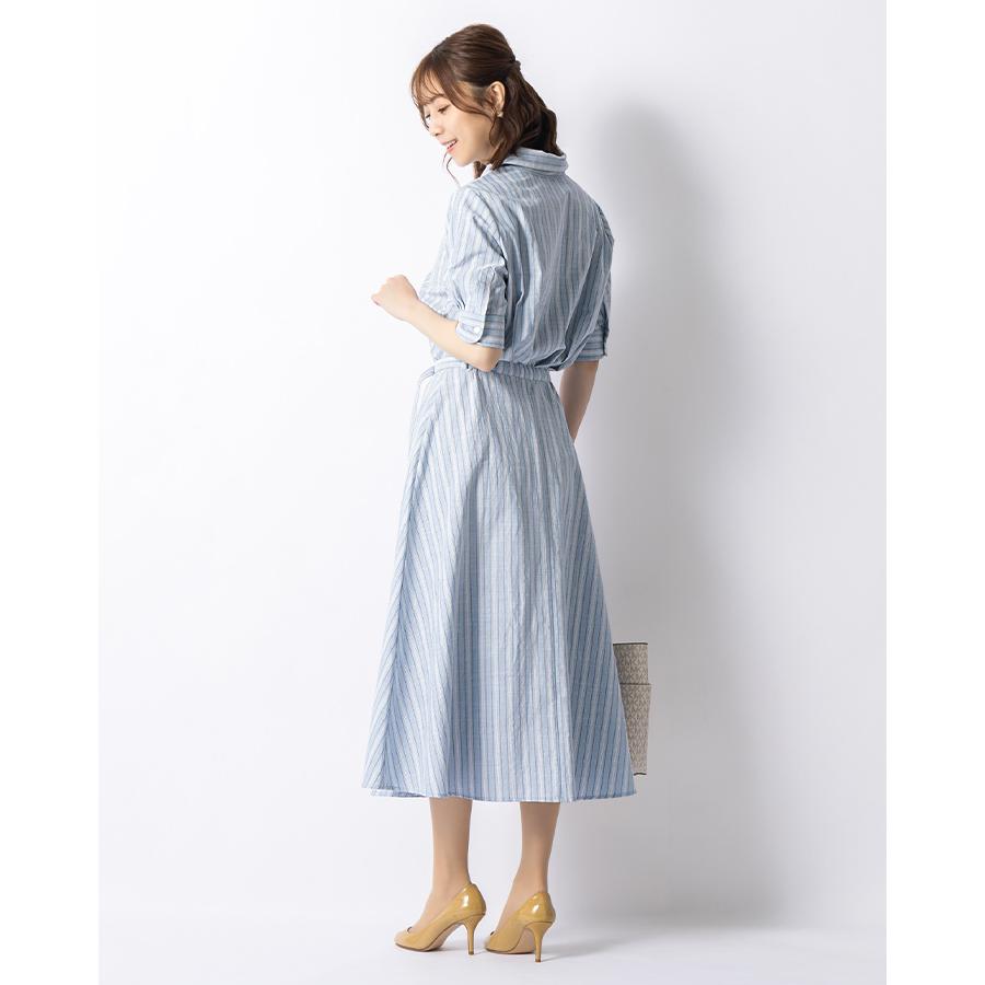 ワンピース ケイト フレア ストライプ ブルー opsw9d-070001 きれいめ 30代 40代 50代 着やせ 上品 大きいサイズ トールサイズあり ロング丈 半袖 五分袖 春夏の画像