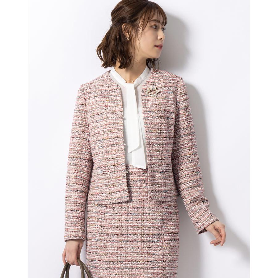 大人可愛い✨theoryluxe ツイード ノーカラージャケット ピンク 40 mimigrant ジャケット ノーカラージャケット ストレッチツイード
