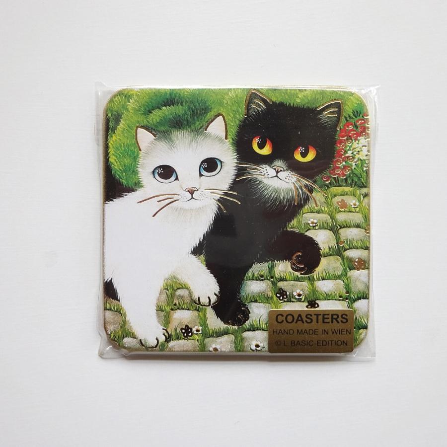 コルクコースター ウイーンの猫 黒猫白猫のお散歩 : 猫雑貨MIMIKOBO