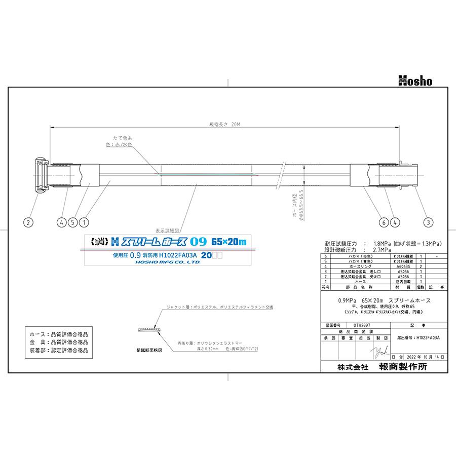 屋外消火栓用消防ホース　10本セット　HSR09-2　65A×20m　0.9MPa　アルミ町野金具付　つづら折り　検定品スプリームホース　報商製作所製ホースの画像