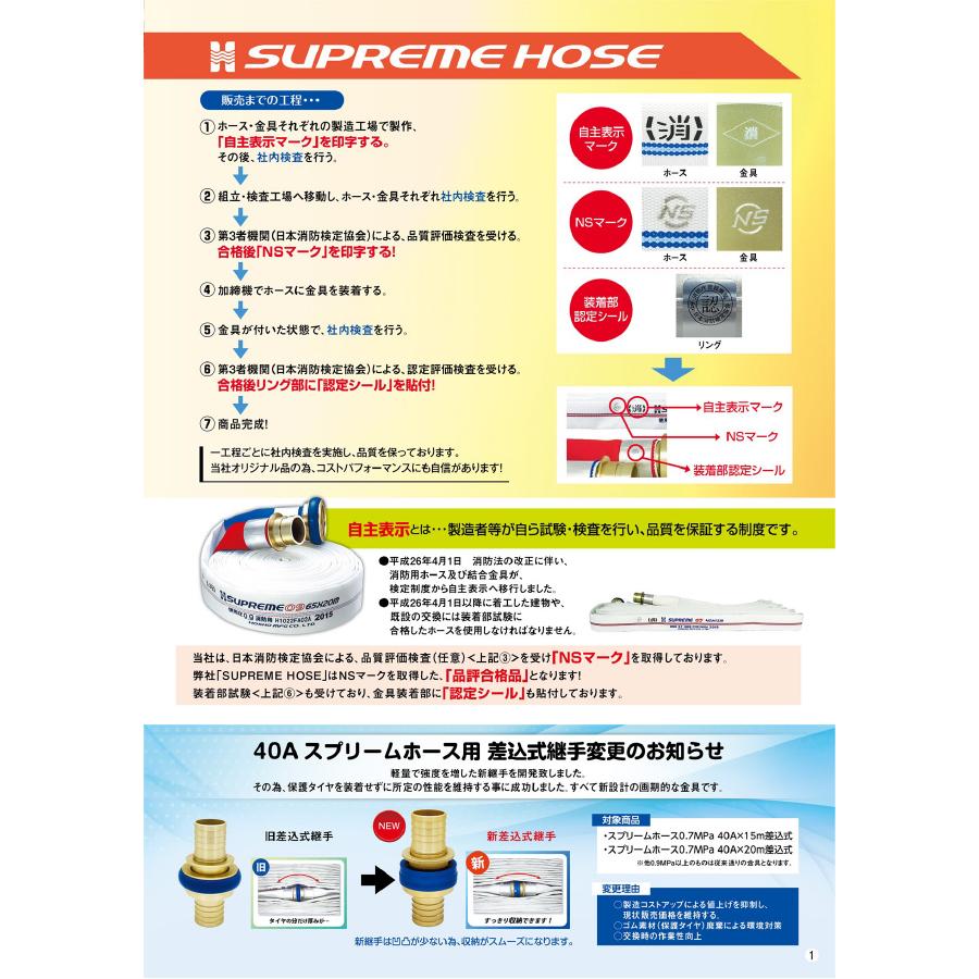 屋外消火栓用消防ホース　10本セット　HSR09-2　65A×20m　0.9MPa　アルミ町野金具付　つづら折り　検定品スプリームホース　報商製作所製ホースの画像