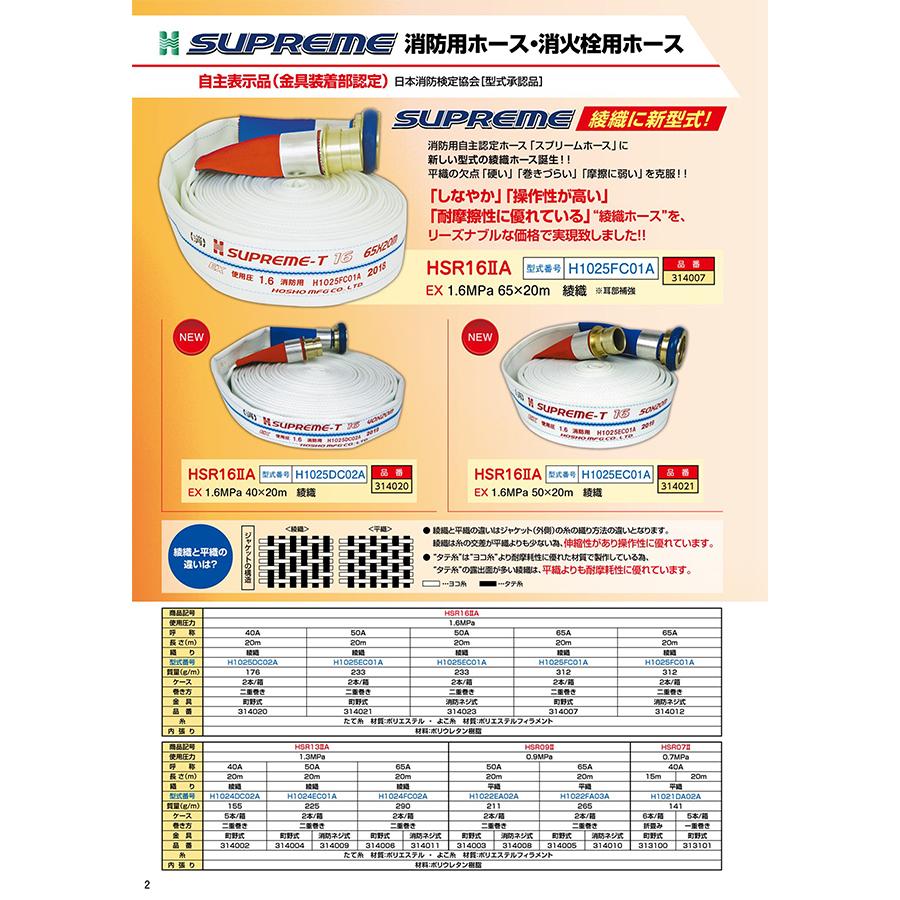 屋外消火栓用消防ホース　10本セット　HSR09-2　65A×20m　0.9MPa　アルミ町野金具付　つづら折り　検定品スプリームホース　報商製作所製ホースの画像