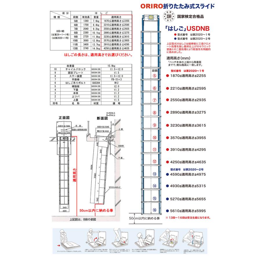 ORIRO オリロー 避難ハッチ ハッチ枠520×600 USDNB-11段 はしごセット 