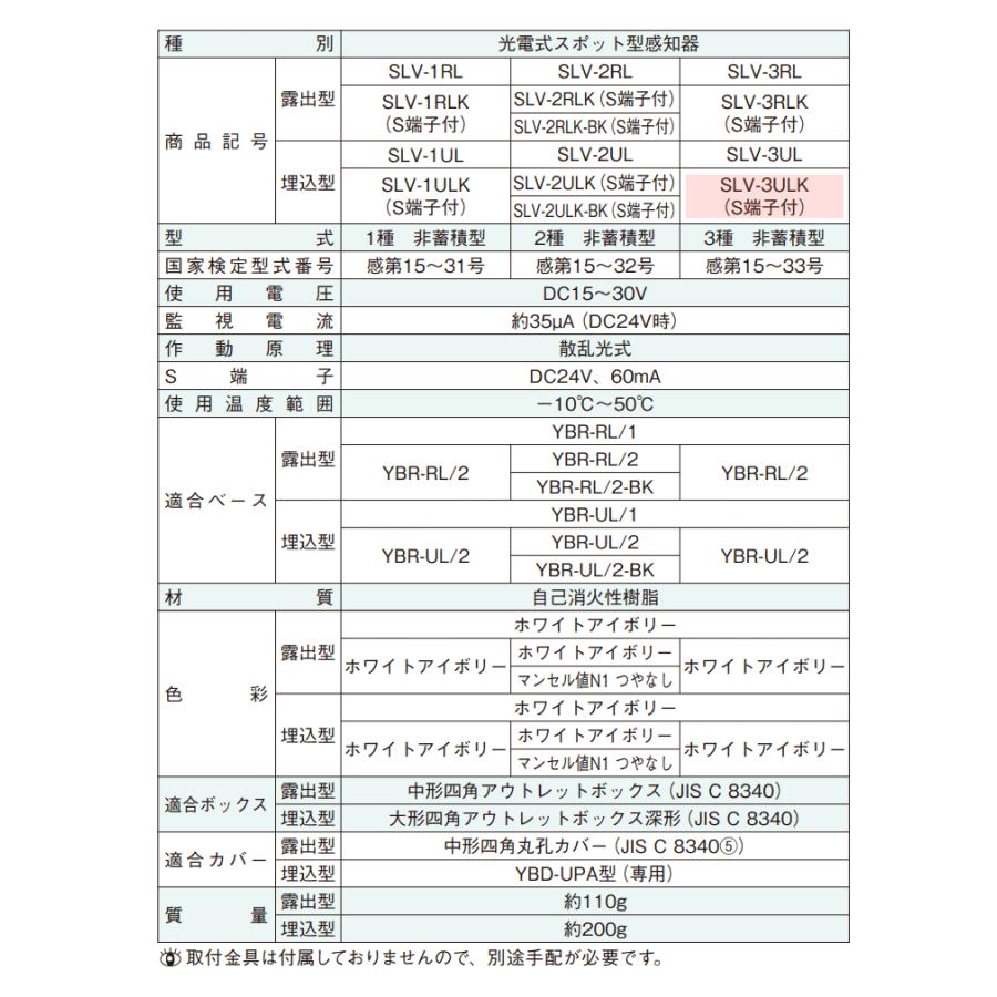 光電式スポット型感知器（S端子付）3種 埋込型 SLV-3UL(K) ホーチキ