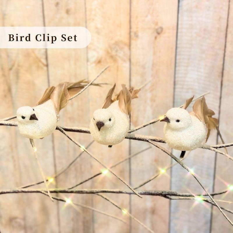 クリスマスオーナメント 小鳥 クリップ付き 3個セット 白 ホワイト