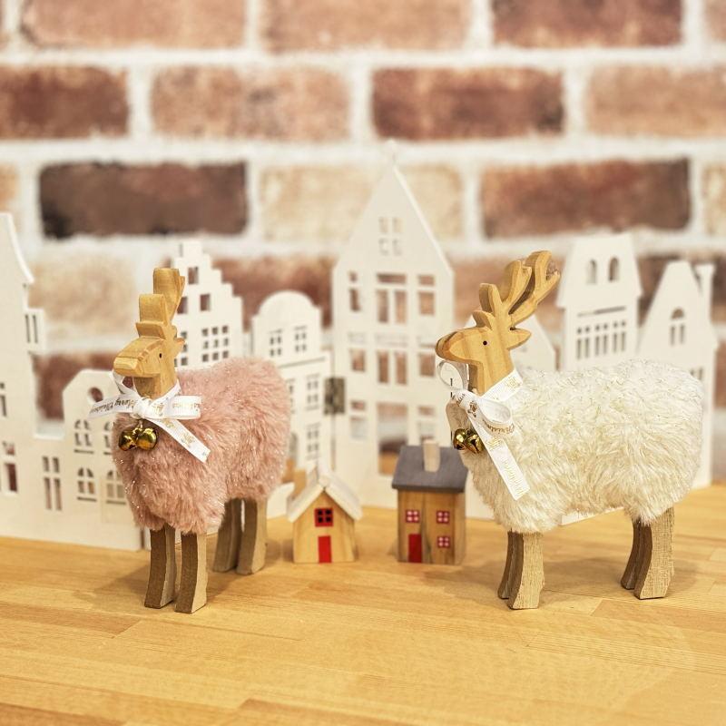 クリスマス置物 ウッドトナカイスタンド ホワイト・ピンクいずれかお
