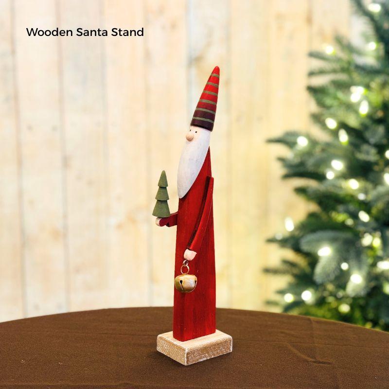 木製 サンタクロース オブジェ｜ツリー＆ベル持ち 細長デザイン 北欧風