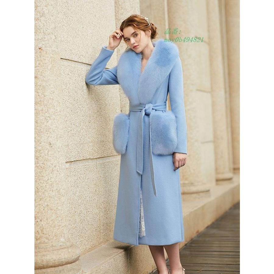 一流メーカー販売 ボリュームフォックスファーポケットベルト付きaラインロングコート ブルー レッド ホワイト ブラック アウター コート 女優 お嬢様 ファー 送料サービス Www Superavila Com