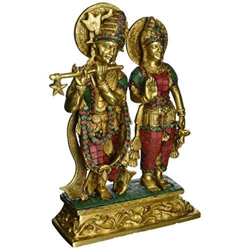 手数料安い 高さ1フィート ゴージャス ヒンドゥー教 - 真鍮像 ハンドワーク カラフルな宝石 アイドル Murti Krishna Radha オブジェ、置き物