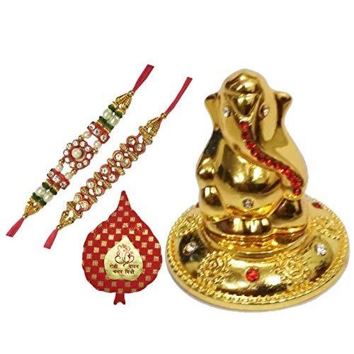 Purpldip Bhai (rakhi66) Packing Paan Red in Chawal Roli Rakhi, Designer 2 Gems, Glittering with Statue Ganesha Golden Set: Gift Rakhi Dooj オブジェ、置き物 【2021年製 新品】