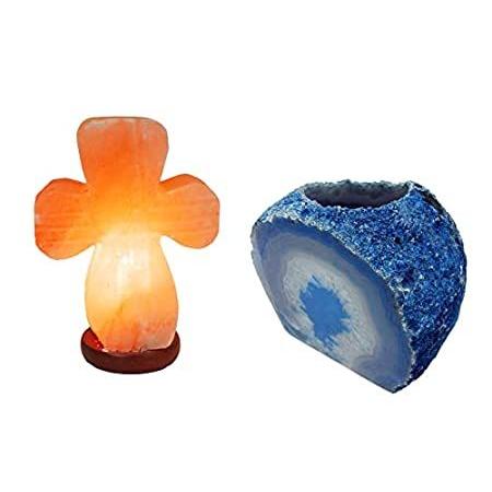 大特価!! AMOYSTONE Himalayan Salt Lamp Cross Shaped & Blue Agate Candle Holder 1.5-2 その他インテリア雑貨、小物