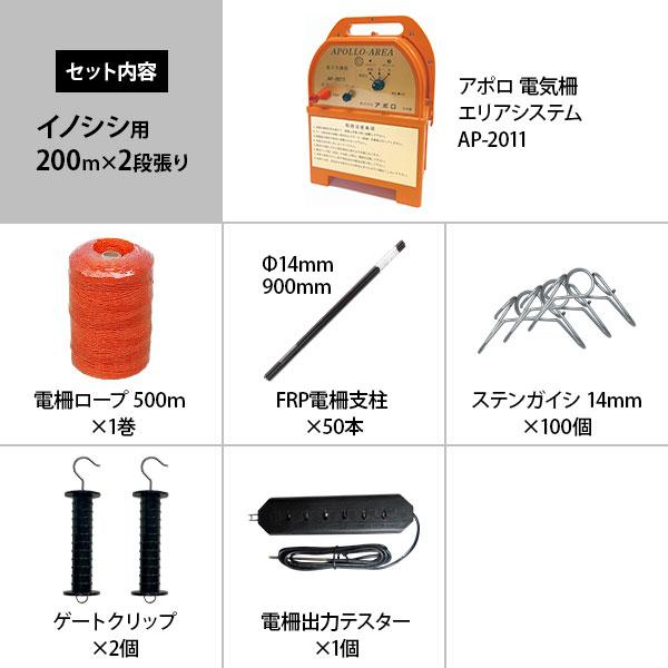 アポロ 電気柵 イノシシ用 200m×2段張りセット FRP支柱仕様 (エリア