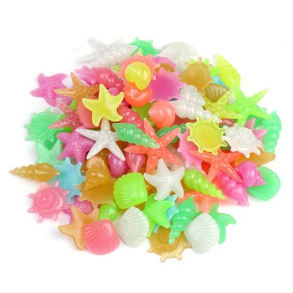 暗闇で 光る石 夜光石 カラフル ヒトデ 貝殻 巻貝 100個セット