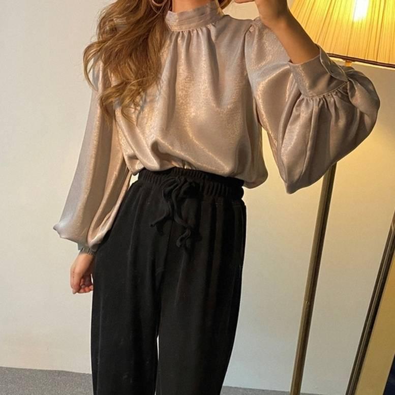 3color レディース ハイネックプルオーバー バルーン袖 サテンブラウス