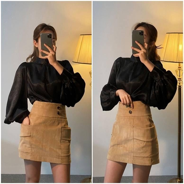 3color レディース ハイネックプルオーバー バルーン袖 サテンブラウス