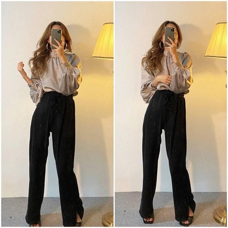 3color レディース ハイネックプルオーバー バルーン袖 サテンブラウス