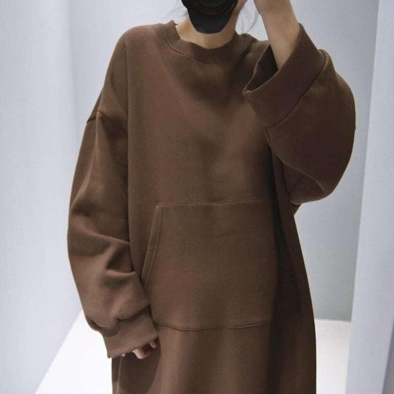 スウェットワンピース トレーナーロングワンピ プルオーバー ラウンドネック ボリュームスリーブ ミモレ丈 ポケット ワイド オーバーサイズ 本物