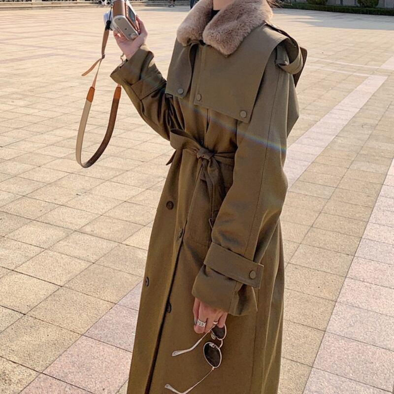 2color コート アウター トレンチコート ファー デザイン ウエストマーク リボン 着痩せ シック ロング丈 ロングコート オフィスコーデ