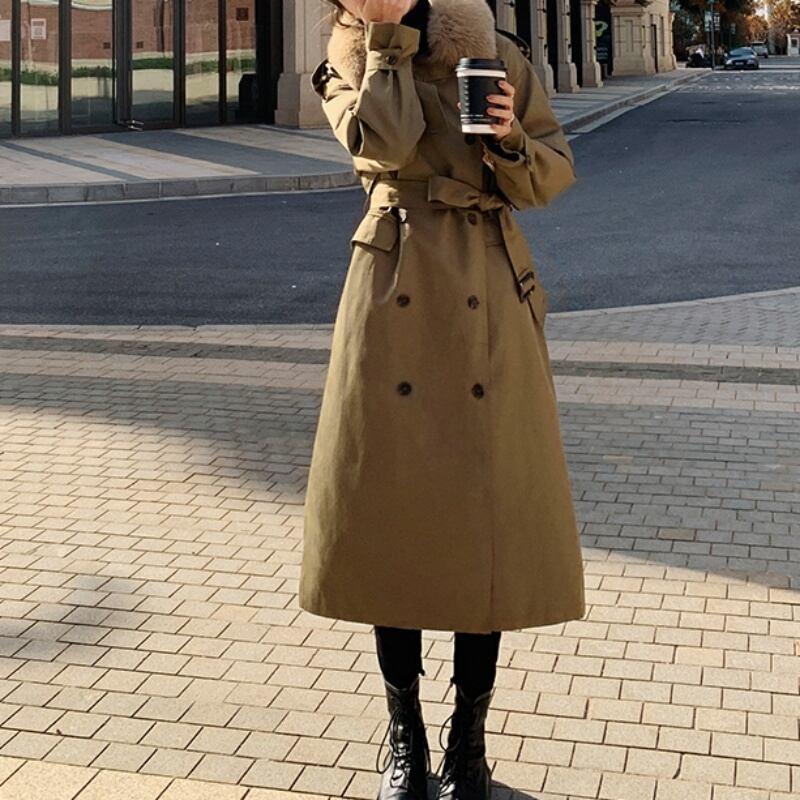 3color コート トレンチコート アウター ファー 襟付き 長袖 ロングコート ロング丈 シック デートコーデ モテコーデ