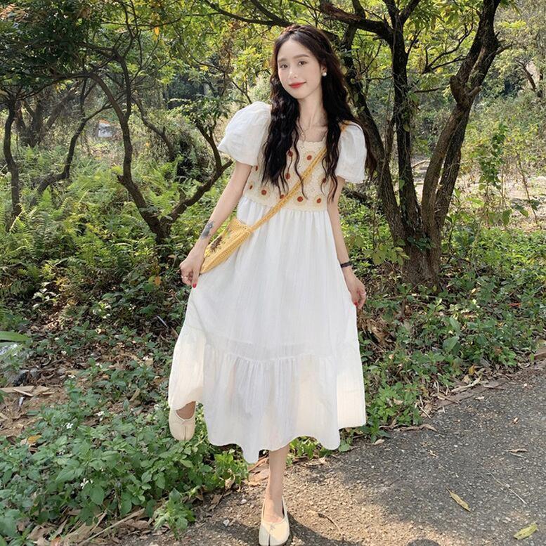 レディース 重ね着風ワンピース かぎ針ビスチェワンピース シフォン