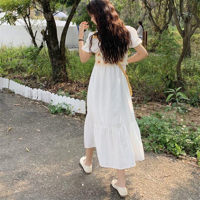 レディース 重ね着風ワンピース かぎ針ビスチェワンピース シフォン